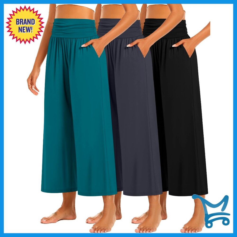 Wide Leg Palazzo Pants High Waist Lounge Yoga Cropped With Pockets